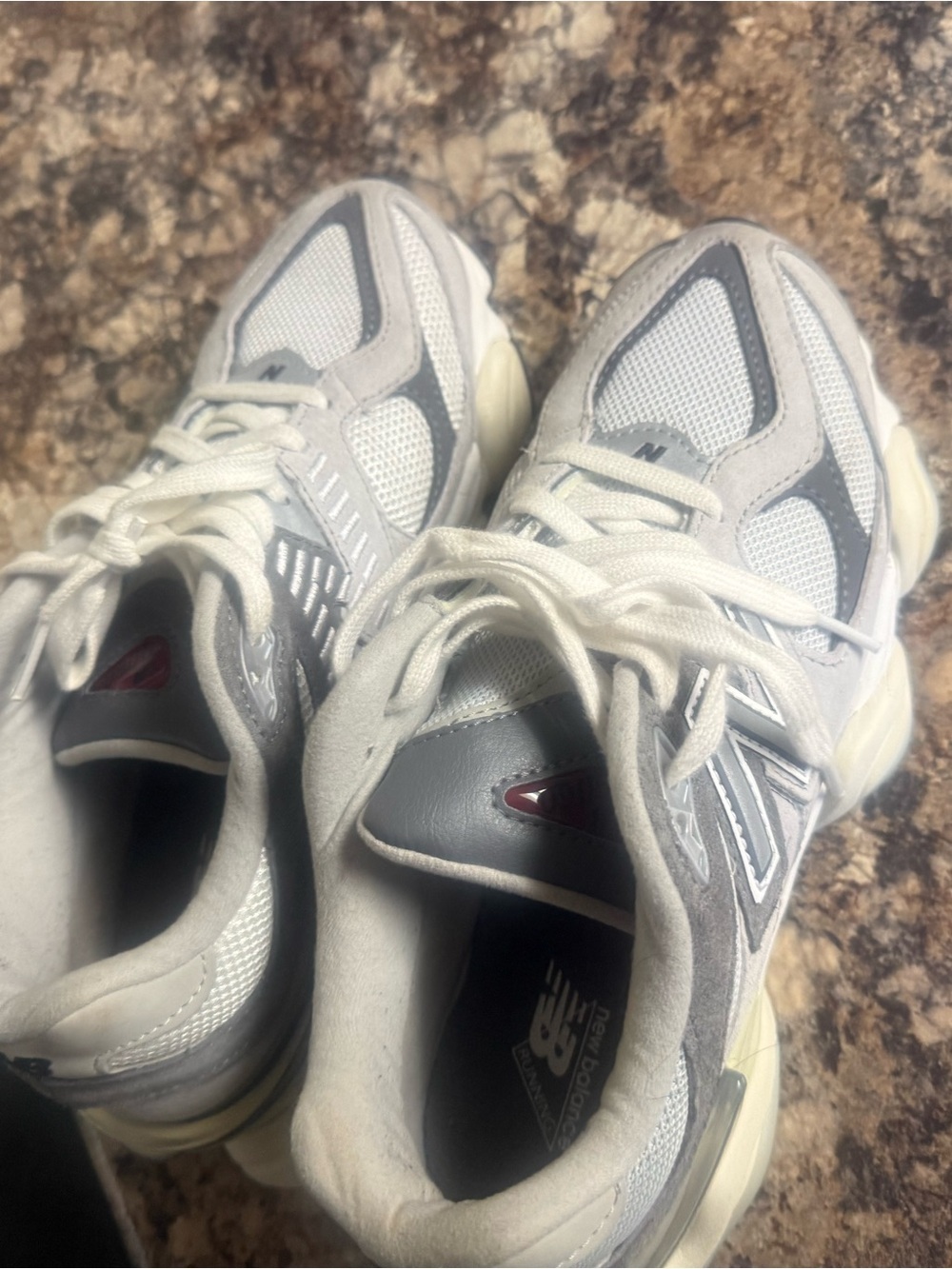 New Balance White and Gray Mesh Running Sneakers with Maroon Accent
